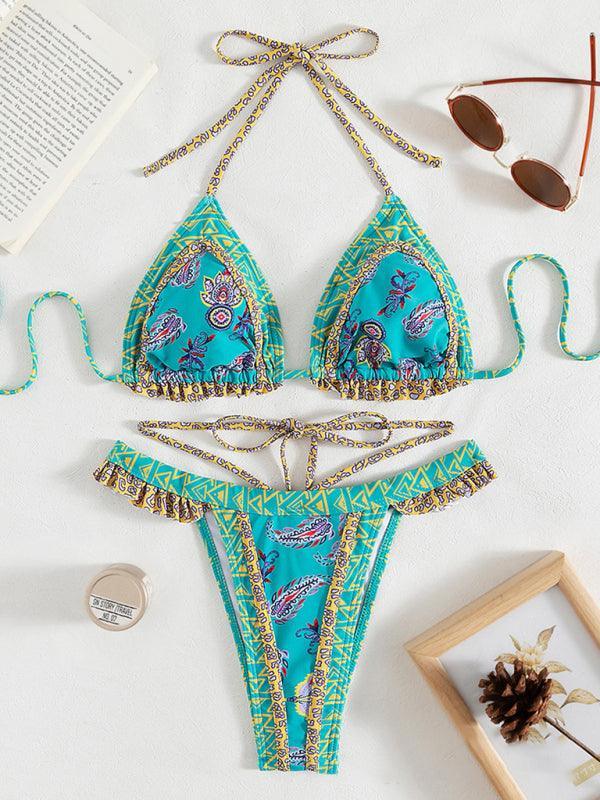 3 Piece Bikini Set ethnic print halter neck tie - 808Lush