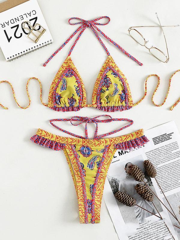 3 Piece Bikini Set ethnic print halter neck tie - 808Lush