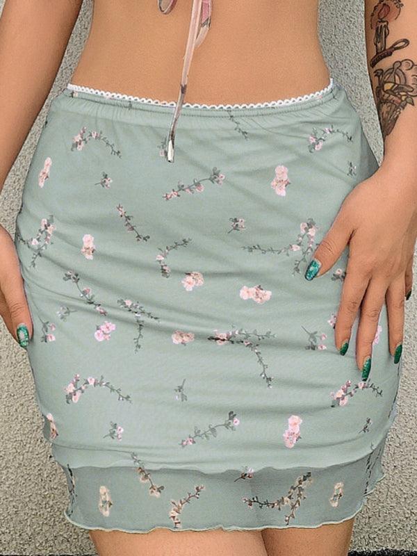 Printed mesh skirt high waist double layer slim wrap hip skirt - 808Lush