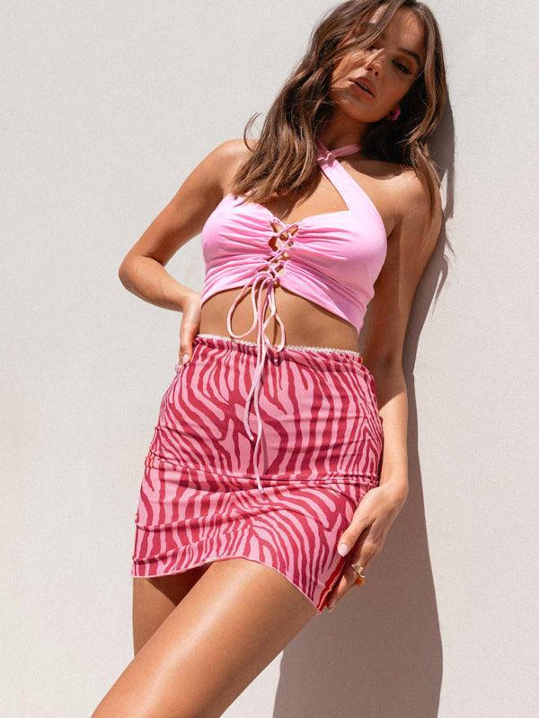 Printed mesh skirt high waist double layer slim wrap hip skirt - 808Lush