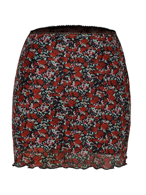 Printed mesh skirt high waist double layer slim wrap hip skirt - 808Lush