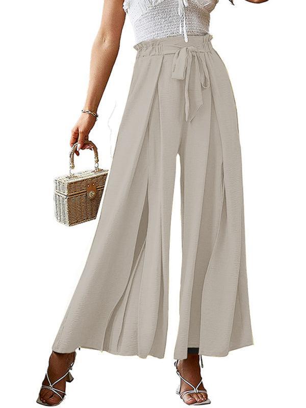 bow loose high waist pleated wide leg pants with belt pants - 808Lush