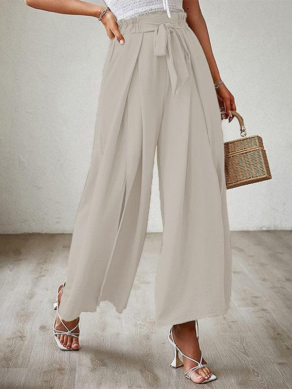 bow loose high waist pleated wide leg pants with belt pants - 808Lush