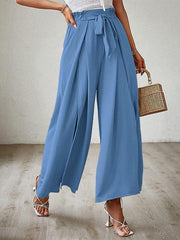 bow loose high waist pleated wide leg pants with belt pants - 808Lush