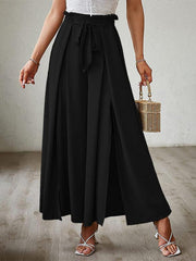 bow loose high waist pleated wide leg pants with belt pants - 808Lush