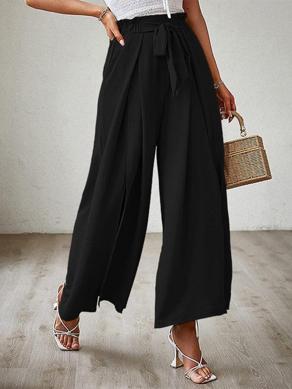 bow loose high waist pleated wide leg pants with belt pants - 808Lush