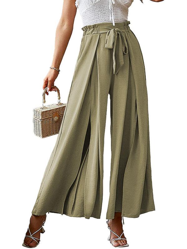 bow loose high waist pleated wide leg pants with belt pants - 808Lush