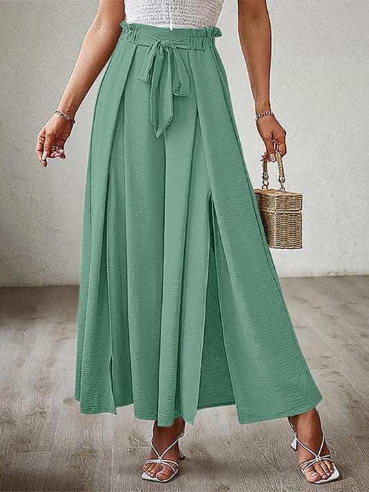 bow loose high waist pleated wide leg pants with belt pants - 808Lush
