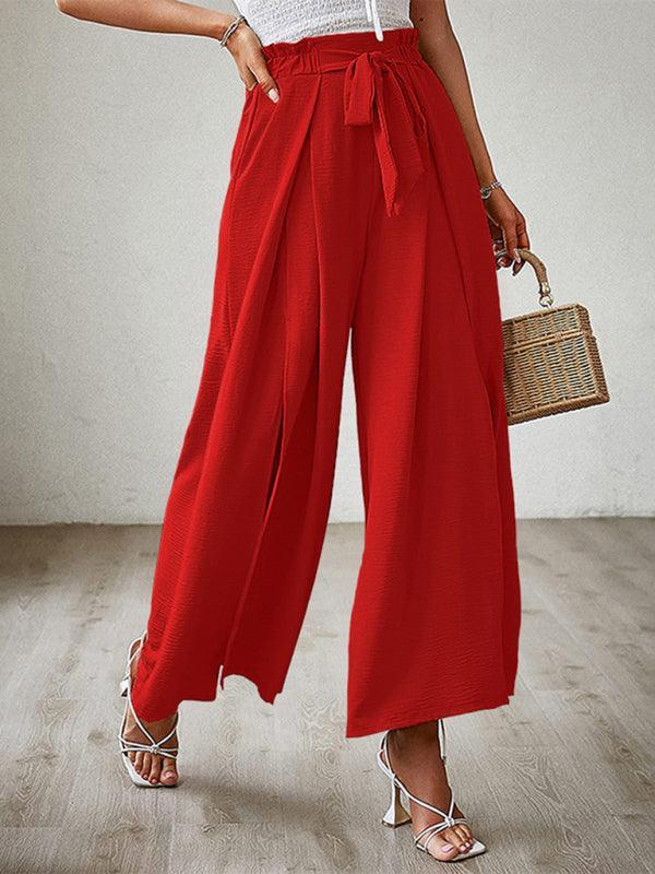 bow loose high waist pleated wide leg pants with belt pants - 808Lush