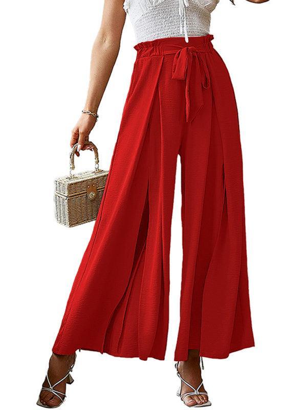 bow loose high waist pleated wide leg pants with belt pants - 808Lush