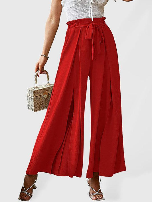 bow loose high waist pleated wide leg pants with belt pants - 808Lush