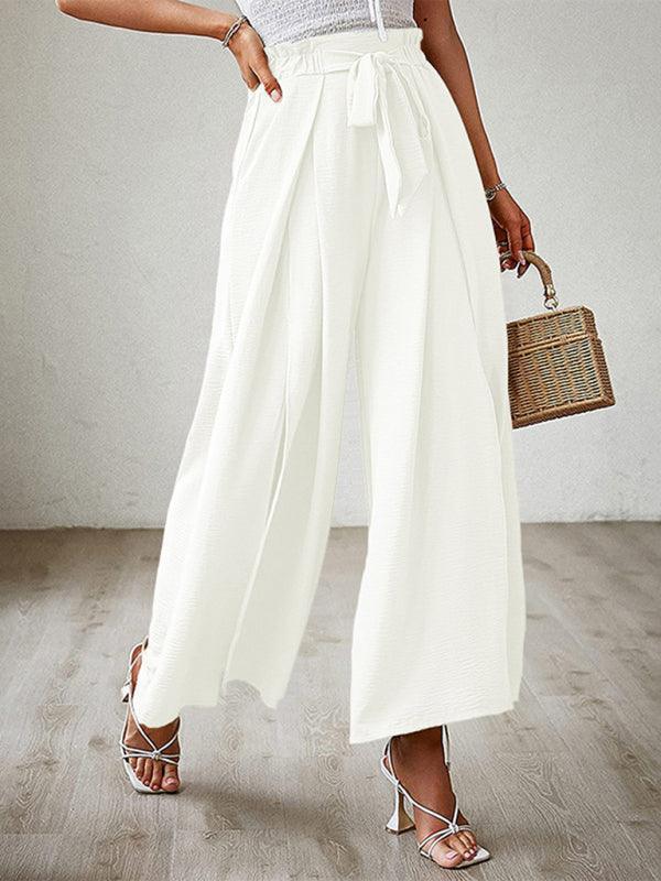 bow loose high waist pleated wide leg pants with belt pants - 808Lush