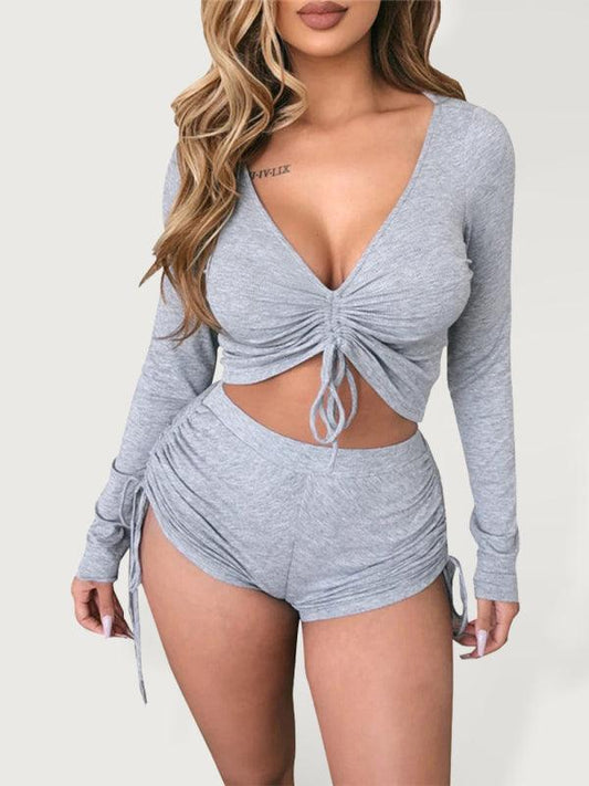 Casual Sports Sexy Suit V Neck Low Cut Casual Drawstring Flannel Shorts Set - 808Lush