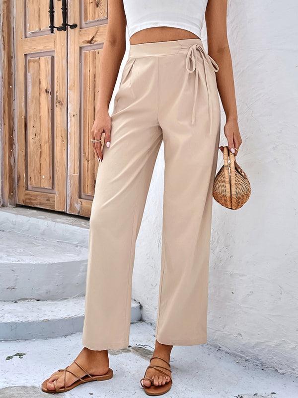 Women's woven high-waisted solid-color commuter-style cropped tie-up straight-leg pants - 808Lush