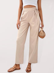 Women's woven high-waisted solid-color commuter-style cropped tie-up straight-leg pants - 808Lush