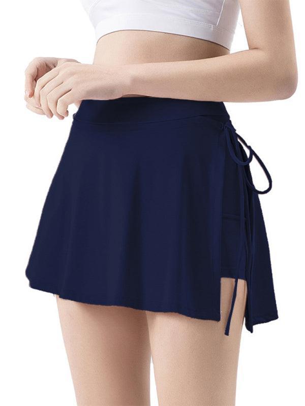 Sports yoga short skirt culottes half body quick-drying pocket skirt side slit strappy skirt - 808Lush