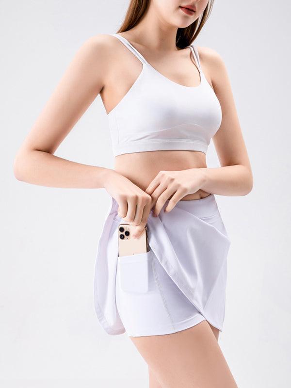 Sports yoga short skirt culottes half body quick-drying pocket skirt side slit strappy skirt - 808Lush