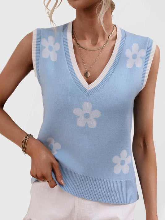 Women's Contrasting Color Jacquard V-Neck Sleeveless Knit Tank Top