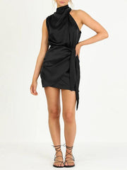 Women's woven halter neck satin strap mini dress - 808Lush