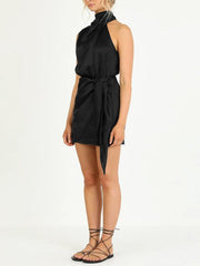 Women's woven halter neck satin strap mini dress - 808Lush