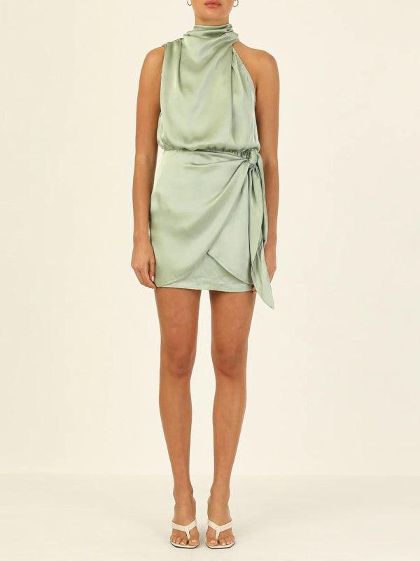 Women's woven halter neck satin strap mini dress - 808Lush