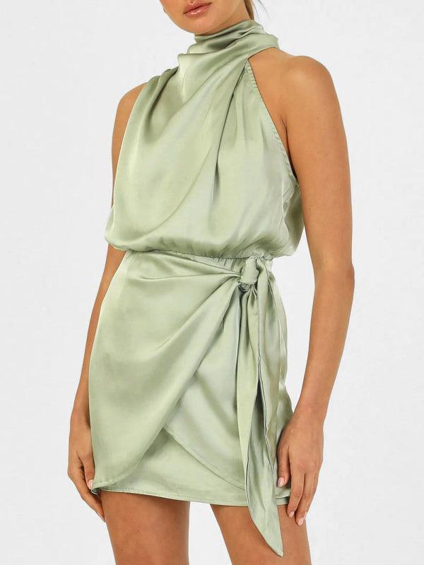 Women's woven halter neck satin strap mini dress - 808Lush