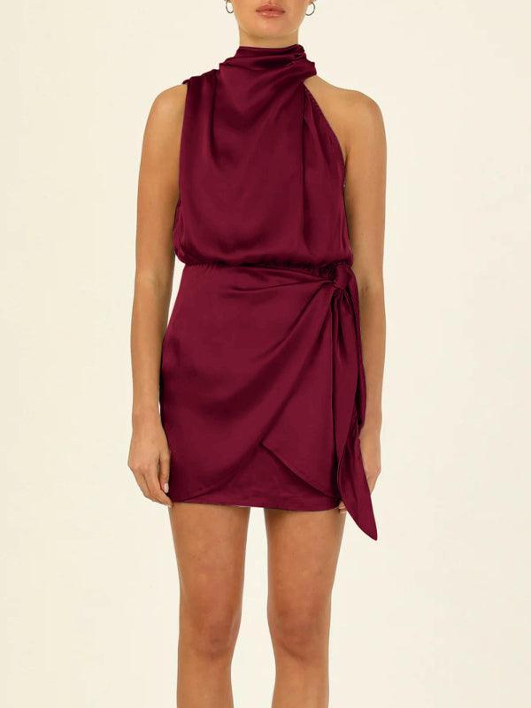 Women's woven halter neck satin strap mini dress - 808Lush