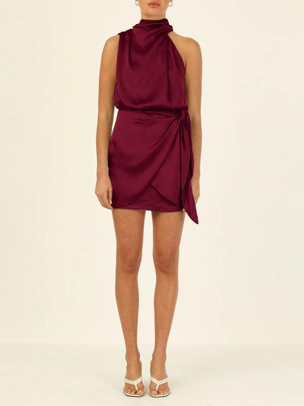 Women's woven halter neck satin strap mini dress - 808Lush