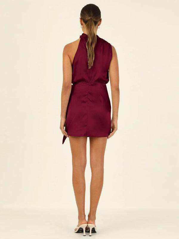 Women's woven halter neck satin strap mini dress - 808Lush