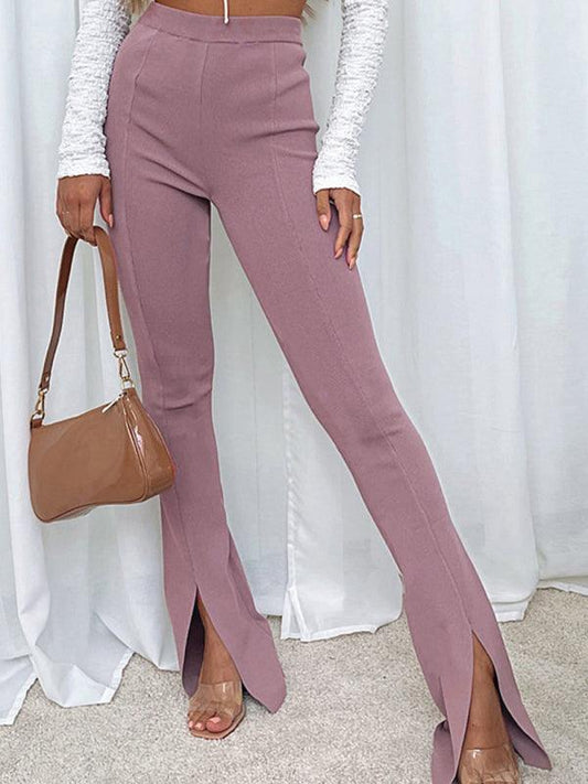 Women's Solid Color High Waist Slim Slit Flared Casual Pants - 808Lush