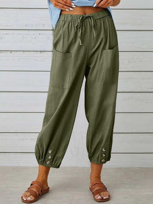 Loose high-waisted button-down cotton and linen cropped trousers wide-leg women's trousers - 808Lush