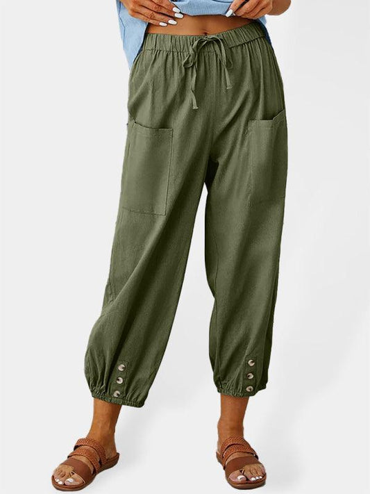 Loose high-waisted button-down cotton and linen cropped trousers wide-leg women's trousers - 808Lush