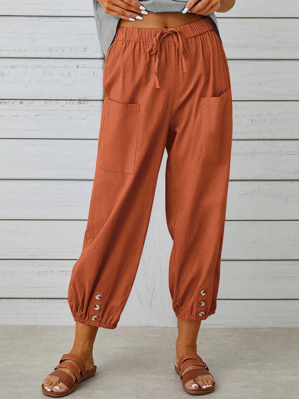 Loose high-waisted button-down cotton and linen cropped trousers wide-leg women's trousers - 808Lush