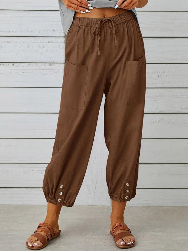 Loose high-waisted button-down cotton and linen cropped trousers wide-leg women's trousers - 808Lush