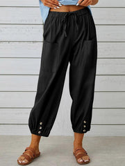 Loose high-waisted button-down cotton and linen cropped trousers wide-leg women's trousers - 808Lush