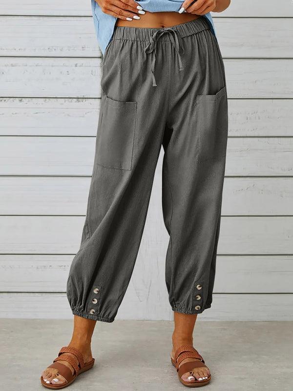 Loose high-waisted button-down cotton and linen cropped trousers wide-leg women's trousers - 808Lush