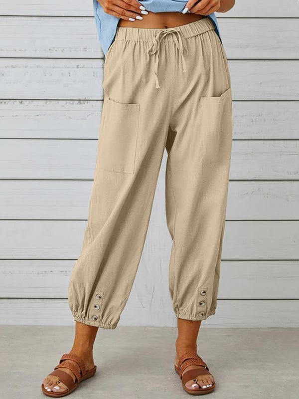 Loose high-waisted button-down cotton and linen cropped trousers wide-leg women's trousers - 808Lush