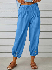 Loose high-waisted button-down cotton and linen cropped trousers wide-leg women's trousers - 808Lush