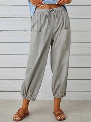 Loose high-waisted button-down cotton and linen cropped trousers wide-leg women's trousers - 808Lush