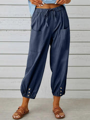 Loose high-waisted button-down cotton and linen cropped trousers wide-leg women's trousers - 808Lush