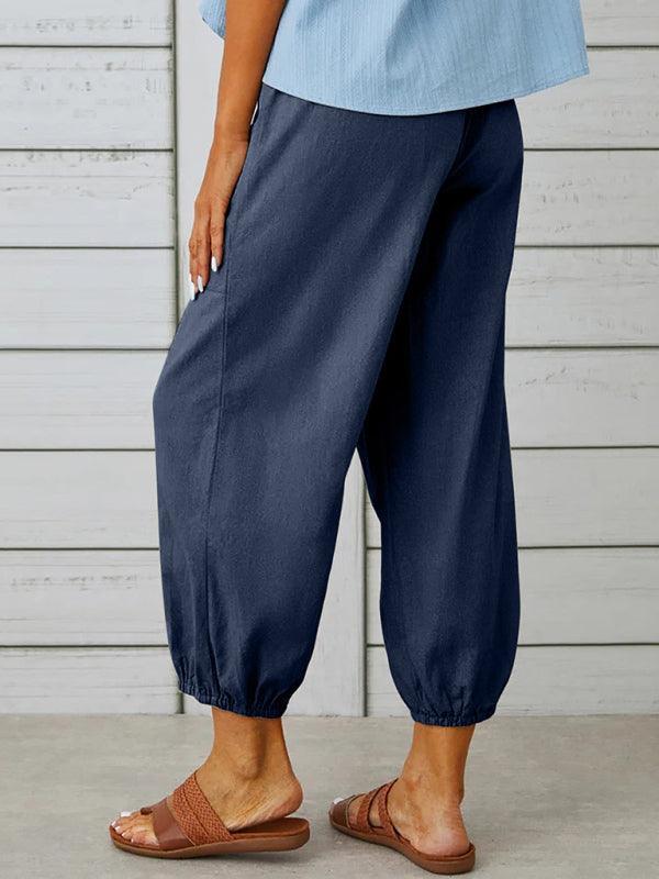 Loose high-waisted button-down cotton and linen cropped trousers wide-leg women's trousers - 808Lush