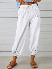 Loose high-waisted button-down cotton and linen cropped trousers wide-leg women's trousers - 808Lush