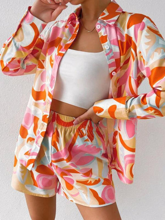 Women's printed casual long-sleeved shirt + shorts two-piece suit - 808Lush
