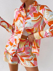 Women's printed casual long-sleeved shirt + shorts two-piece suit - 808Lush