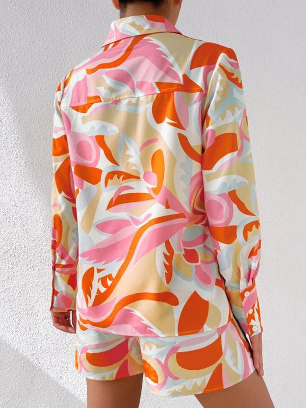 Women's printed casual long-sleeved shirt + shorts two-piece suit - 808Lush