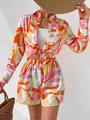 Women's printed casual long-sleeved shirt + shorts two-piece suit - 808Lush