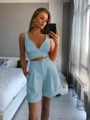 Women's OL temperament solid color asymmetric suspender top high waist shorts two-piece set - 808Lush