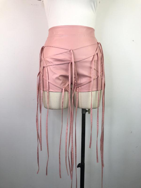 Sexy PU leather style rope braided low waist shorts - 808Lush