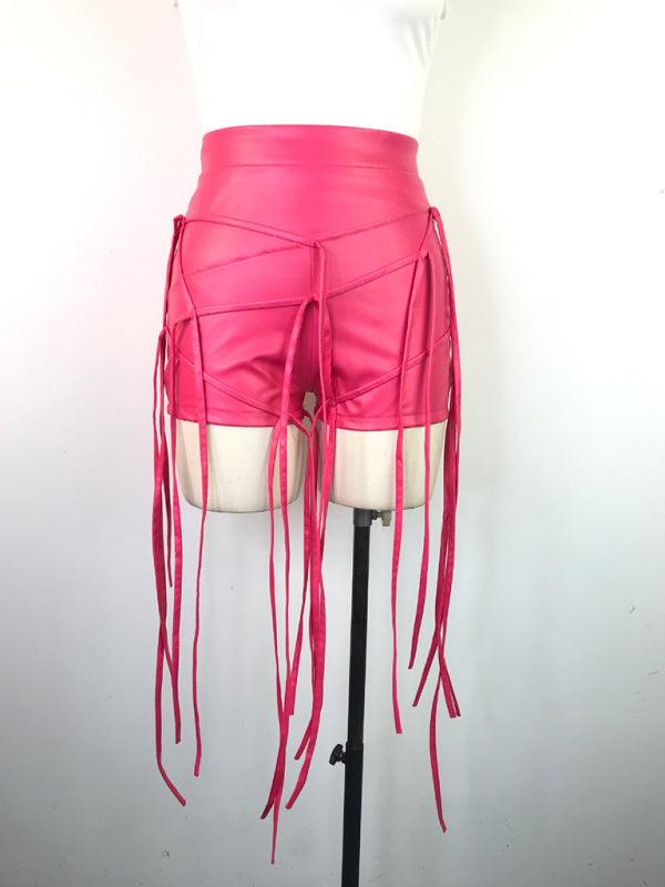 Sexy PU leather style rope braided low waist shorts - 808Lush