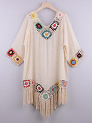 Three-quarter sleeve chain link flower splicing irregular tassel anti-sun blouse ethnic style dress - 808Lush